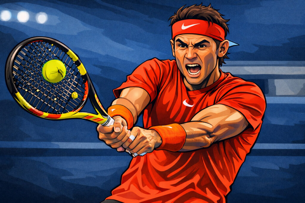 Picture of Rafael Nadal hitting a backhand